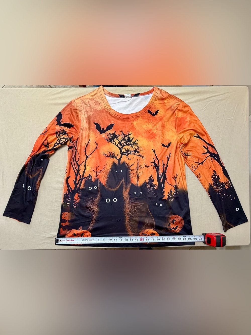 DERNM Women’s 2XL Orange/Black Halloween Black Cat Graphic Knit T-Shirt LS